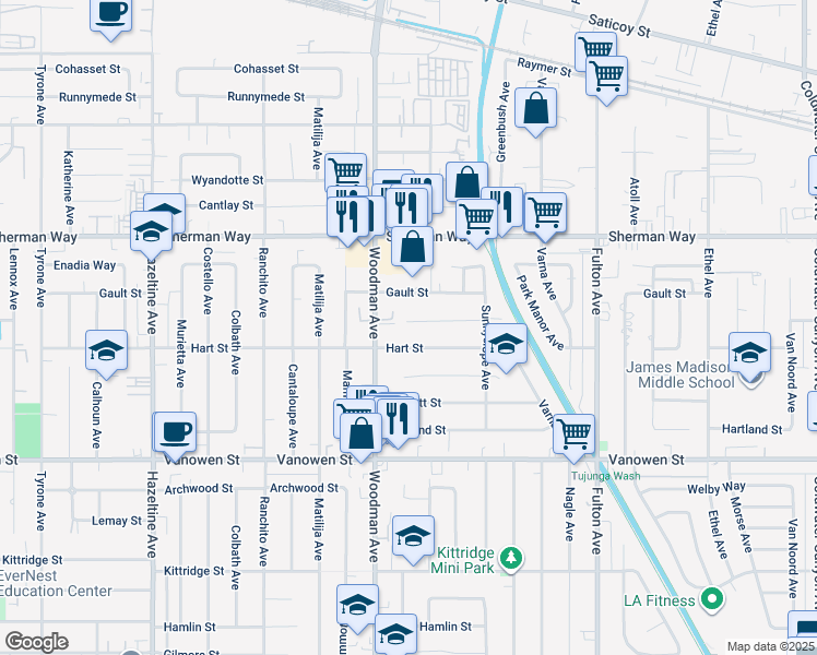 map of restaurants, bars, coffee shops, grocery stores, and more near 13624 Vose Street in Los Angeles