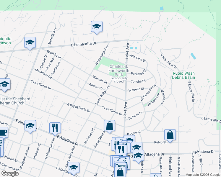 map of restaurants, bars, coffee shops, grocery stores, and more near 564 Wapello Street in Altadena