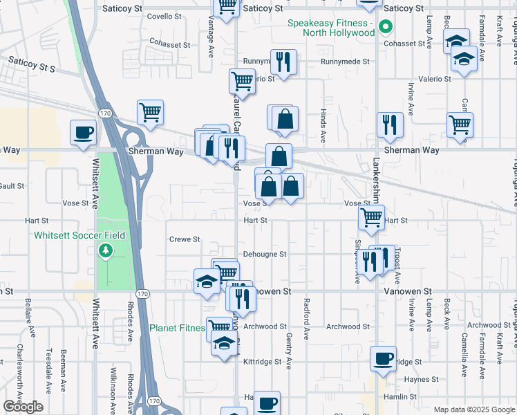 map of restaurants, bars, coffee shops, grocery stores, and more near 12019 Vose Street in Los Angeles