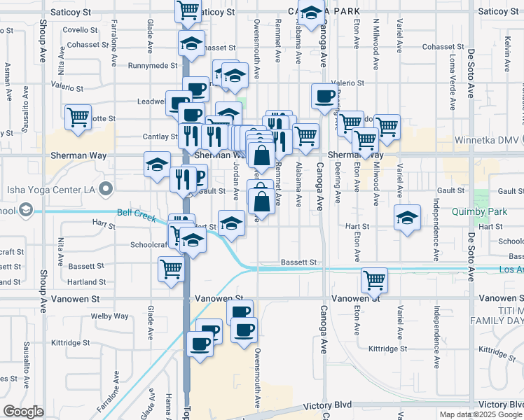 map of restaurants, bars, coffee shops, grocery stores, and more near 7041 Owensmouth Avenue in Los Angeles