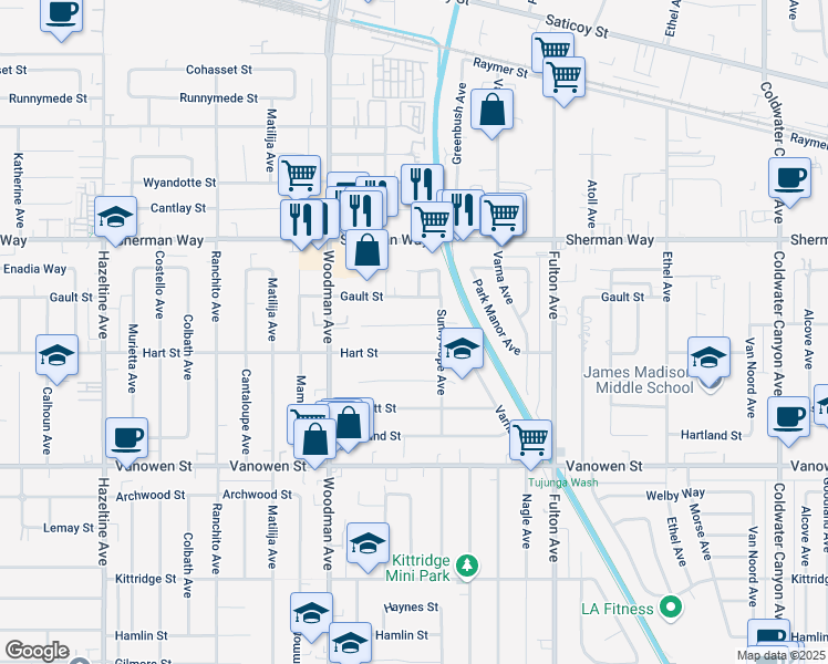 map of restaurants, bars, coffee shops, grocery stores, and more near 13530 Vose Street in Los Angeles