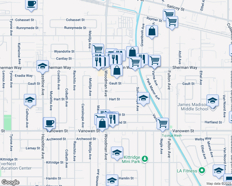 map of restaurants, bars, coffee shops, grocery stores, and more near 13624 Vose Street in Los Angeles