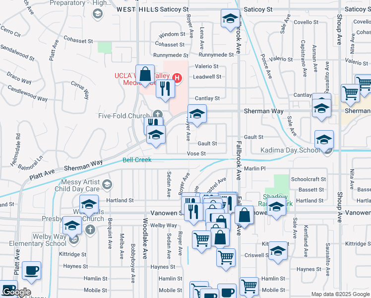 map of restaurants, bars, coffee shops, grocery stores, and more near 7007 Royer Avenue in Los Angeles