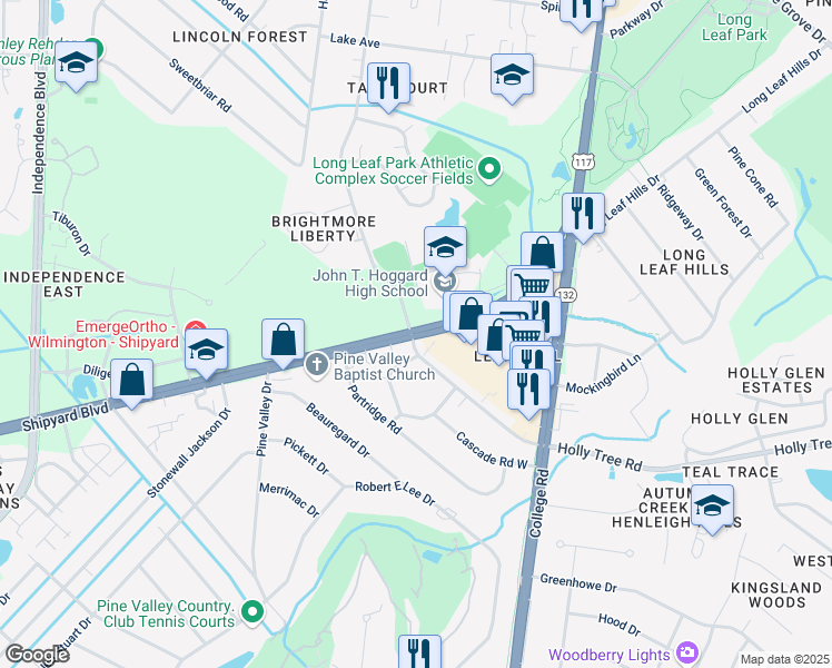 map of restaurants, bars, coffee shops, grocery stores, and more near 4317 Holly Tree Road in Wilmington