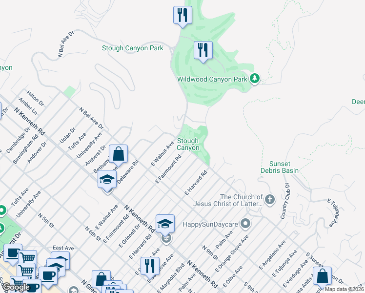 map of restaurants, bars, coffee shops, grocery stores, and more near 921 North Sunset Canyon Drive in Burbank