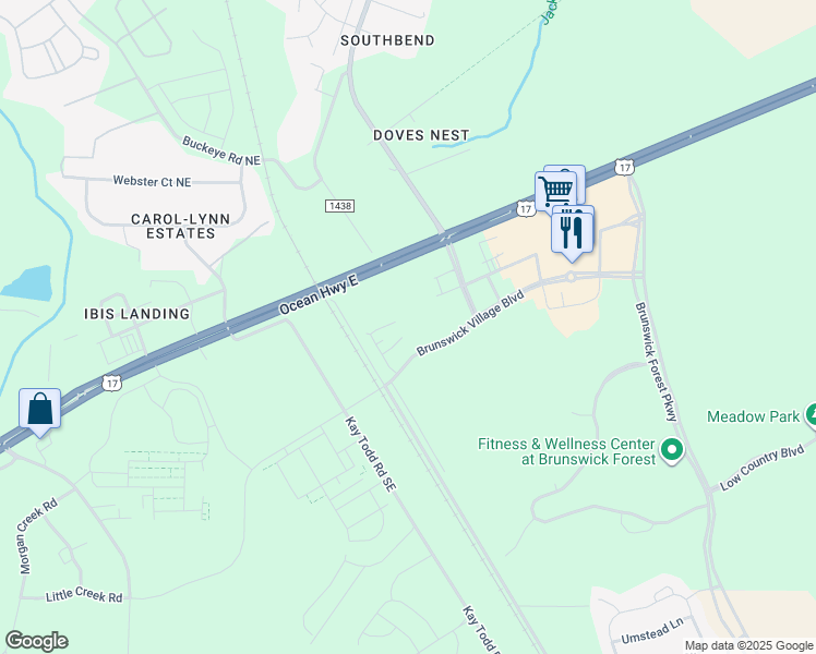 map of restaurants, bars, coffee shops, grocery stores, and more near 1513 Brunswick Village Boulevard in Leland