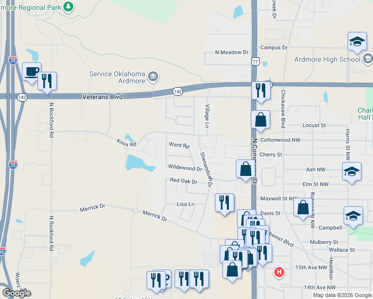 map of restaurants, bars, coffee shops, grocery stores, and more near 1604 Ward Road in Ardmore