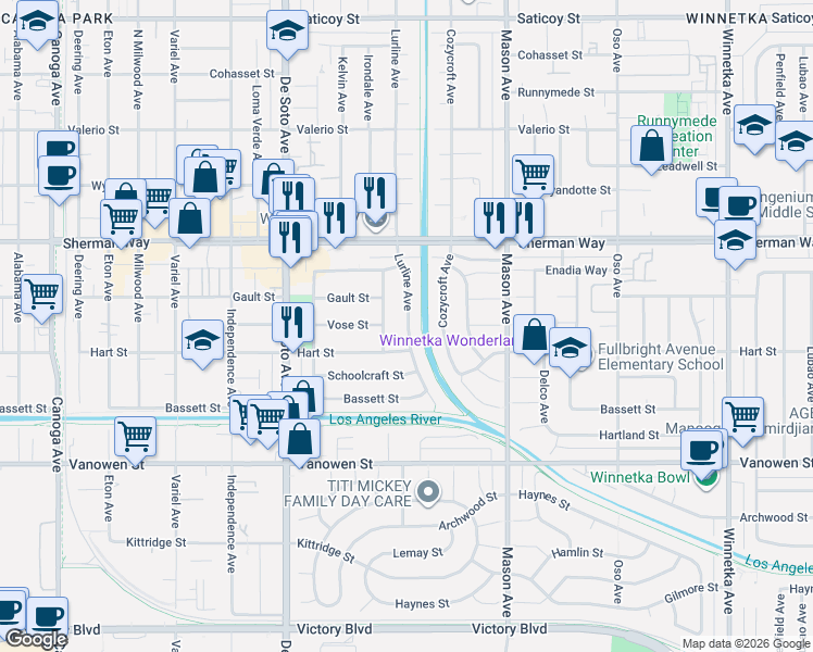 map of restaurants, bars, coffee shops, grocery stores, and more near 7033 Lurline Avenue in Los Angeles