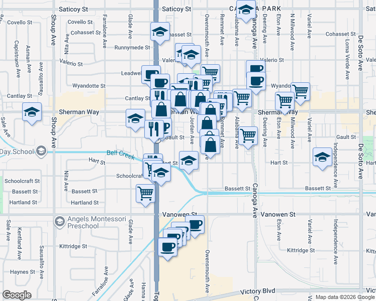 map of restaurants, bars, coffee shops, grocery stores, and more near 7035 Jordan Avenue in Los Angeles