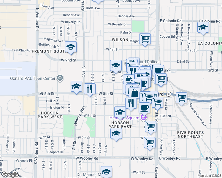 map of restaurants, bars, coffee shops, grocery stores, and more near 429 South E Street in Oxnard