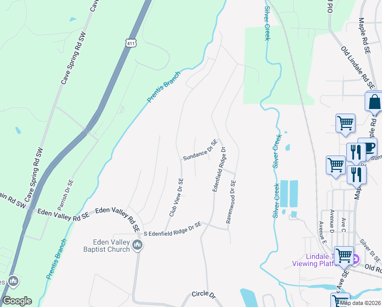 map of restaurants, bars, coffee shops, grocery stores, and more near 36 Club View Drive Southeast in Rome