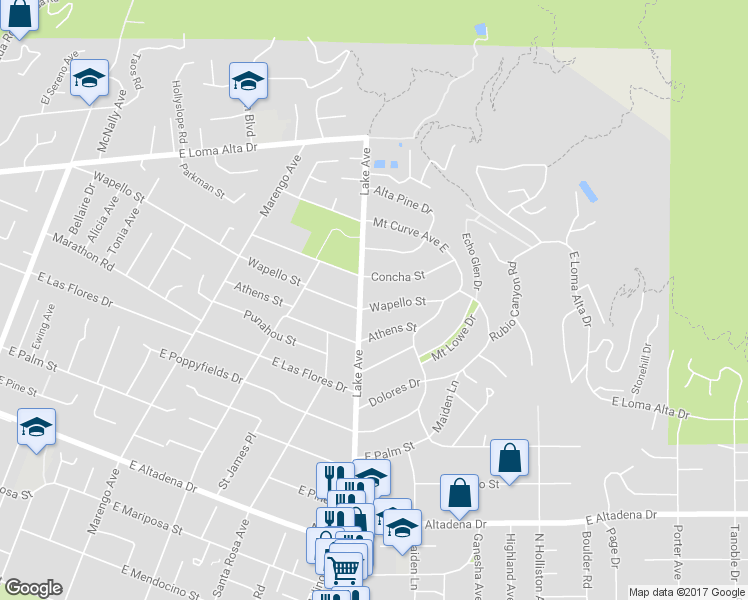 map of restaurants, bars, coffee shops, grocery stores, and more near 925 Wapello Street in Altadena