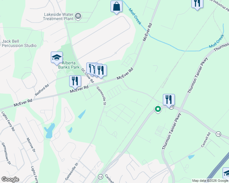 map of restaurants, bars, coffee shops, grocery stores, and more near 5113 Parkwood Dirve in Flowery Branch