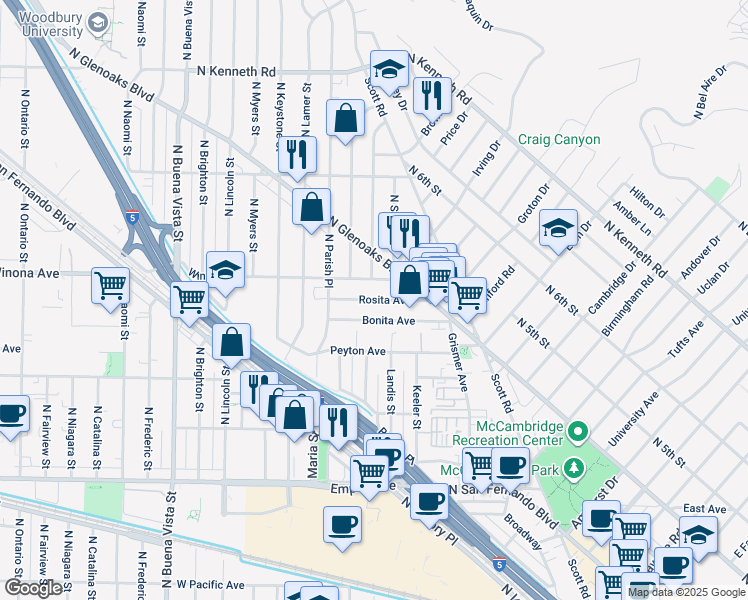 map of restaurants, bars, coffee shops, grocery stores, and more near 1909 Rosita Avenue in Burbank