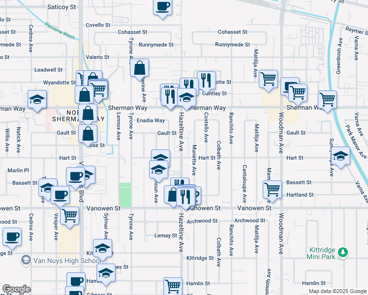 map of restaurants, bars, coffee shops, grocery stores, and more near 7029 1/2 Hazeltine Avenue in Los Angeles