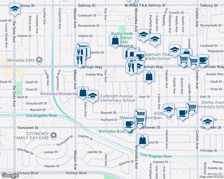 map of restaurants, bars, coffee shops, grocery stores, and more near 7030 Oso Avenue in Los Angeles