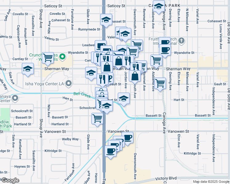 map of restaurants, bars, coffee shops, grocery stores, and more near 7043 Vassar Avenue in Los Angeles
