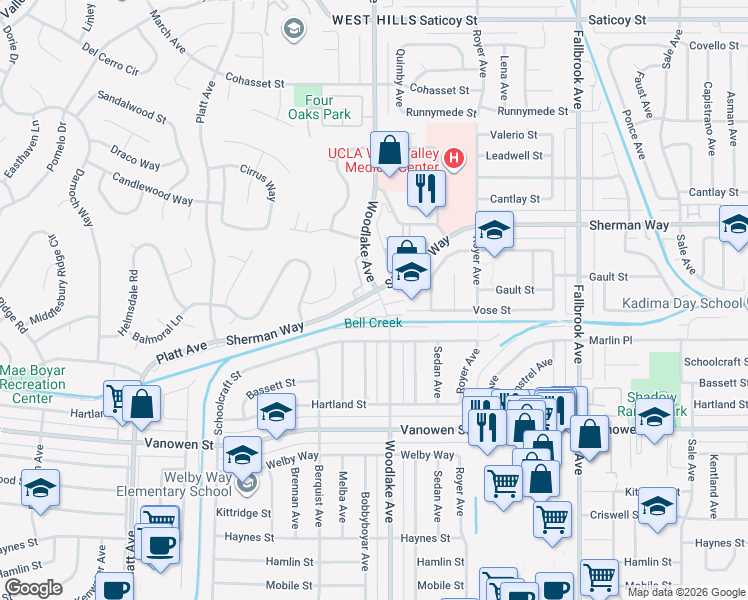 map of restaurants, bars, coffee shops, grocery stores, and more near 23201 West Canterbury Way in Los Angeles