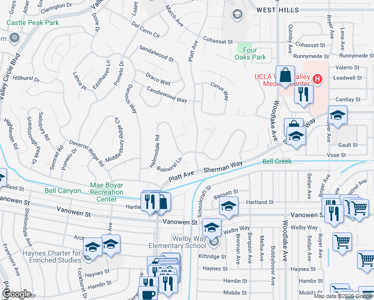 map of restaurants, bars, coffee shops, grocery stores, and more near 23501 Balmoral Lane in Los Angeles