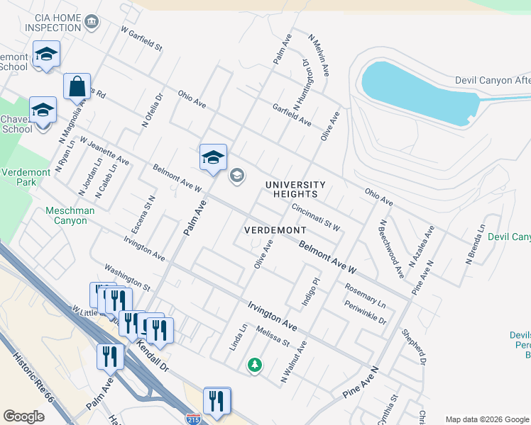 map of restaurants, bars, coffee shops, grocery stores, and more near 2813 Akron Street West in San Bernardino