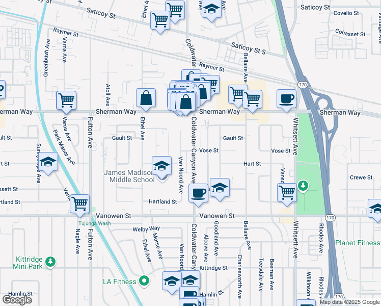 map of restaurants, bars, coffee shops, grocery stores, and more near 7019 Coldwater Canyon Avenue in Los Angeles