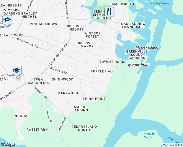 map of restaurants, bars, coffee shops, grocery stores, and more near 3104 Wescot Court in Wilmington