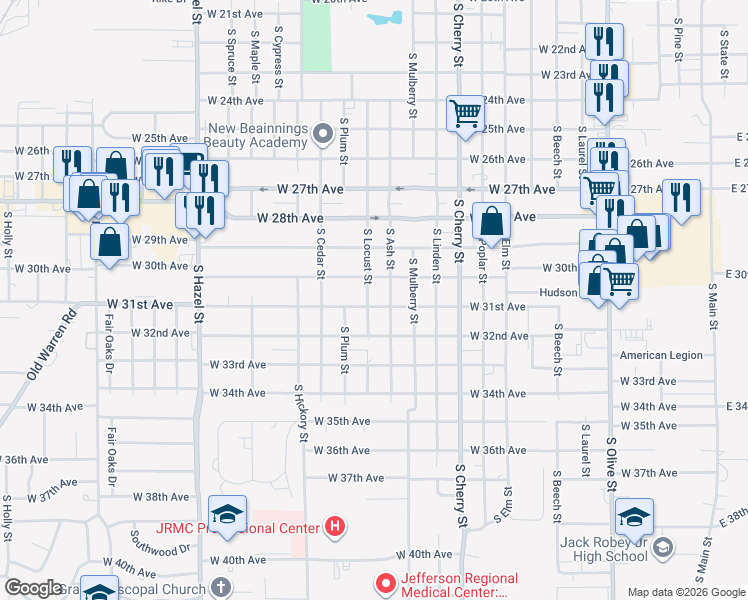 map of restaurants, bars, coffee shops, grocery stores, and more near 1501 West 31st Avenue in Pine Bluff