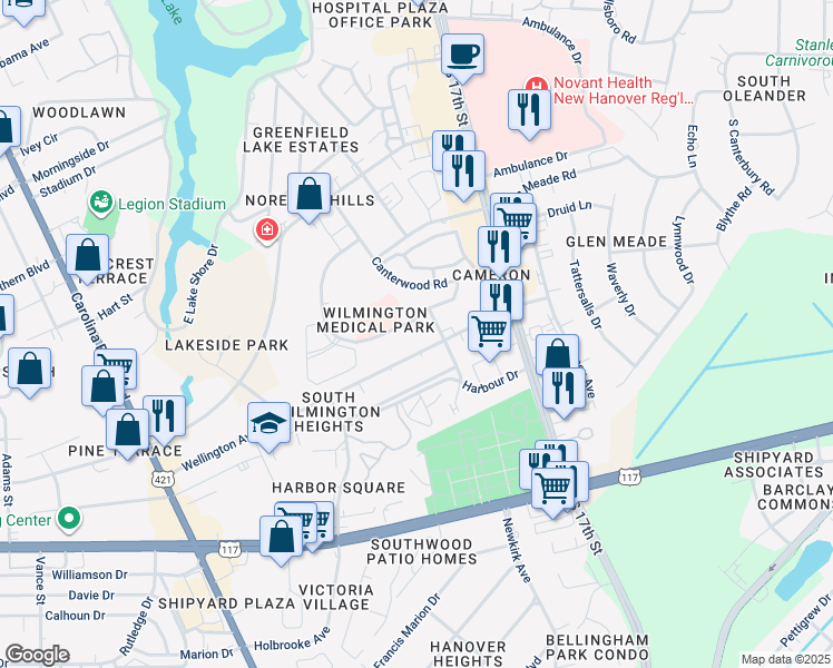 map of restaurants, bars, coffee shops, grocery stores, and more near 1520 Physicians Drive in Wilmington