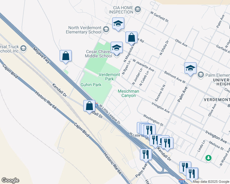 map of restaurants, bars, coffee shops, grocery stores, and more near 3593 West Seco Drive in San Bernardino