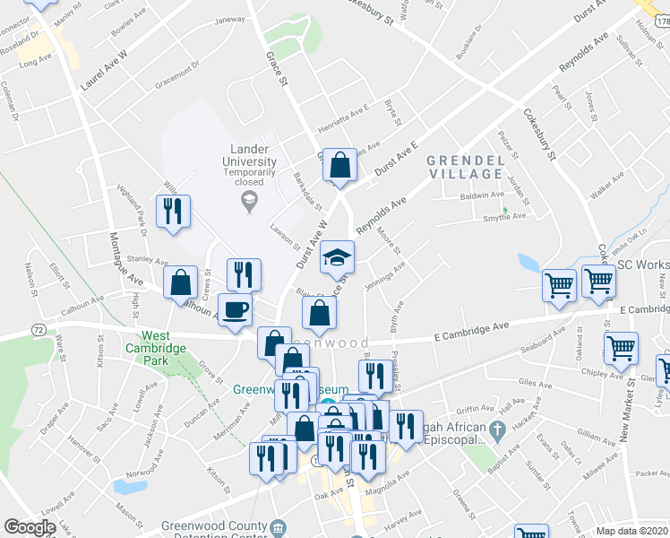 map of restaurants, bars, coffee shops, grocery stores, and more near 229 Grace Street in Greenwood