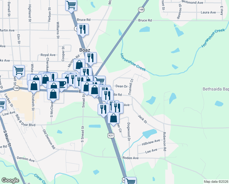 map of restaurants, bars, coffee shops, grocery stores, and more near 1121 Bethsaida Road in Boaz