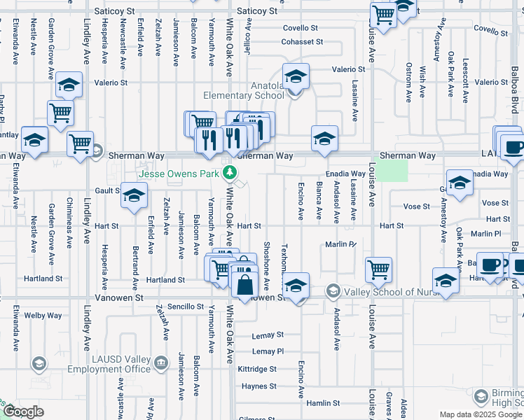 map of restaurants, bars, coffee shops, grocery stores, and more near 7027 Shoshone Avenue in Los Angeles