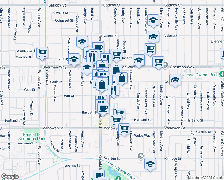 map of restaurants, bars, coffee shops, grocery stores, and more near 7030 Canby Avenue in Los Angeles
