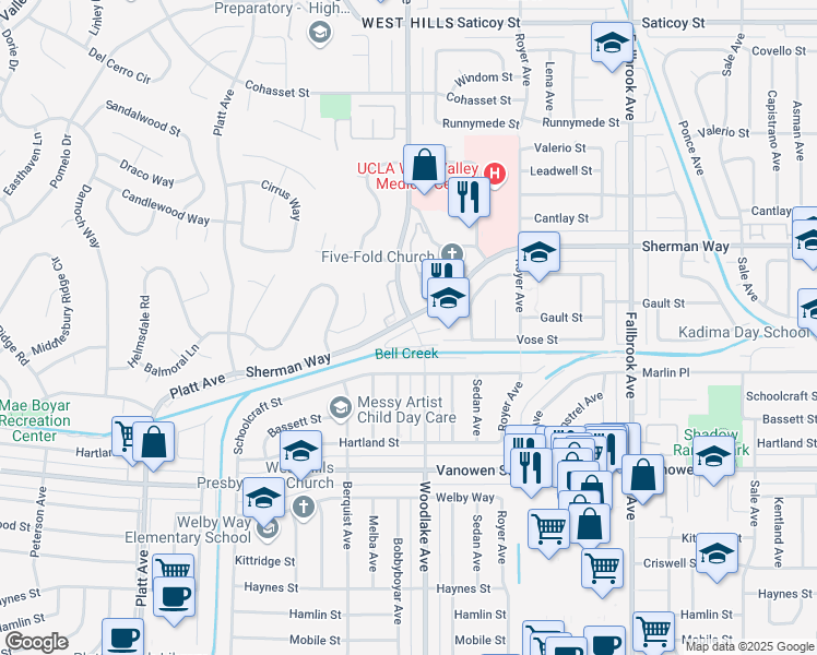 map of restaurants, bars, coffee shops, grocery stores, and more near 23201 West Canterbury Way in Los Angeles
