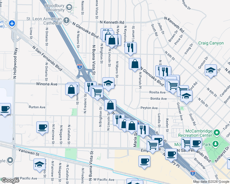 map of restaurants, bars, coffee shops, grocery stores, and more near 2322 North Lincoln Street in Burbank