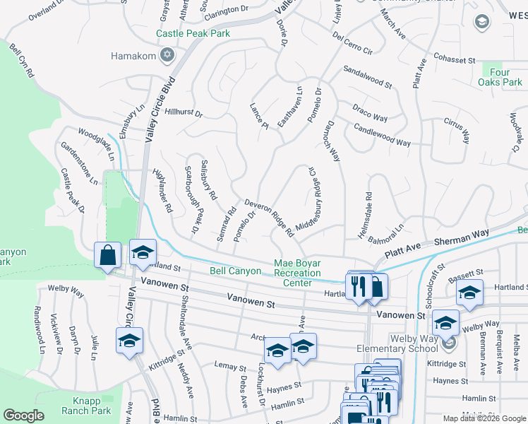 map of restaurants, bars, coffee shops, grocery stores, and more near 7071 Deveron Ridge Road in Los Angeles