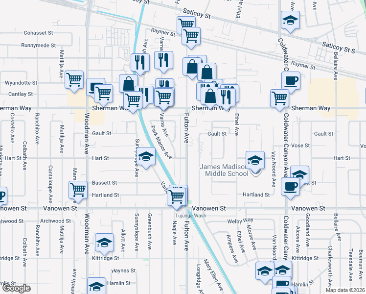 map of restaurants, bars, coffee shops, grocery stores, and more near 7027 Fulton Avenue in North Hollywood