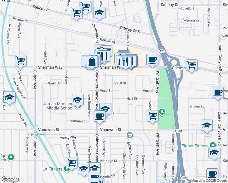 map of restaurants, bars, coffee shops, grocery stores, and more near 7028 Goodland Avenue in Los Angeles