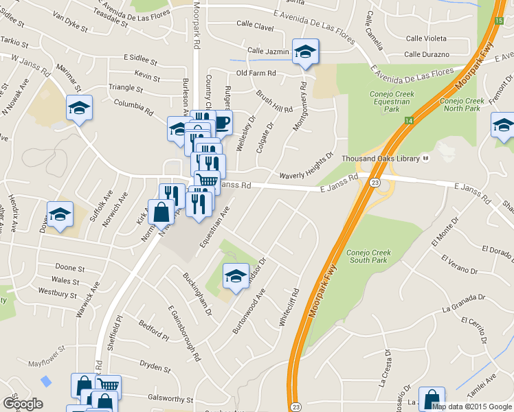 map of restaurants, bars, coffee shops, grocery stores, and more near 1492 Montgomery Road in Thousand Oaks