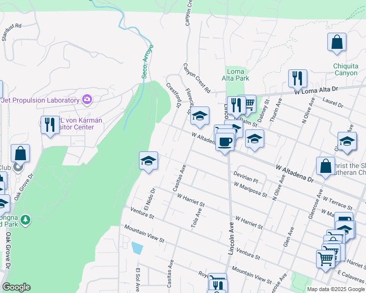 map of restaurants, bars, coffee shops, grocery stores, and more near 3089 Casitas Avenue in Altadena
