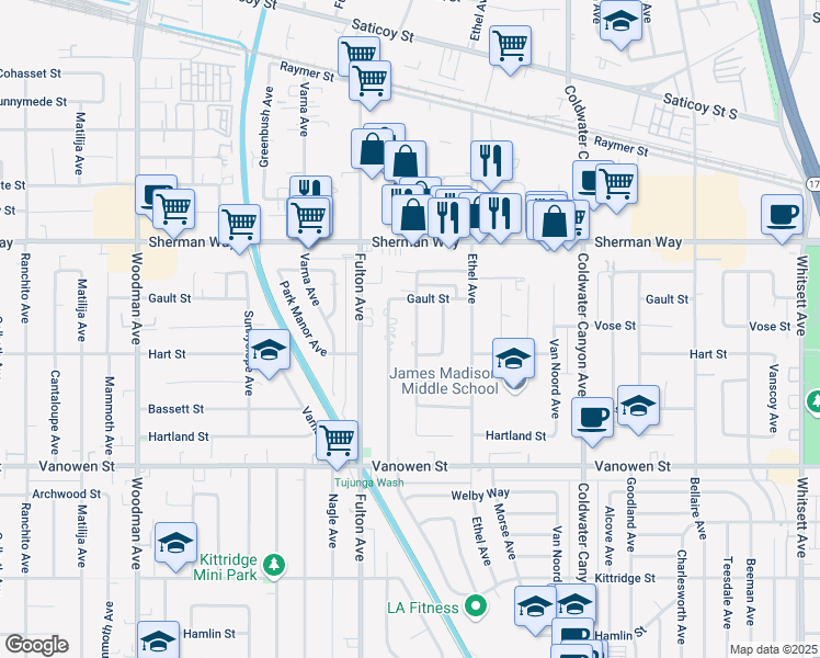 map of restaurants, bars, coffee shops, grocery stores, and more near 7029 Atoll Avenue in Los Angeles