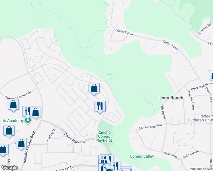 map of restaurants, bars, coffee shops, grocery stores, and more near 1415 Arroyo View Street in Thousand Oaks
