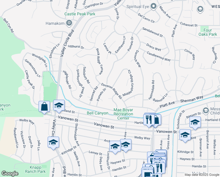 map of restaurants, bars, coffee shops, grocery stores, and more near 7069 Deveron Ridge Road in Los Angeles