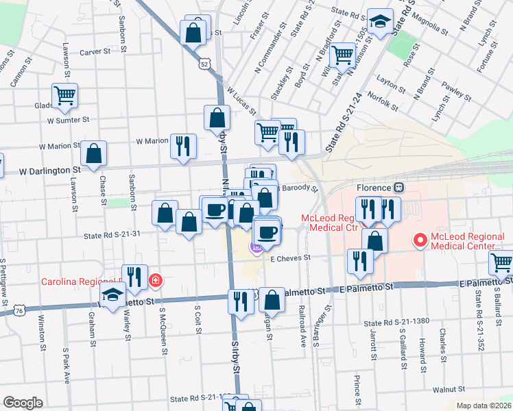 map of restaurants, bars, coffee shops, grocery stores, and more near 155 North Dargan Street in Florence