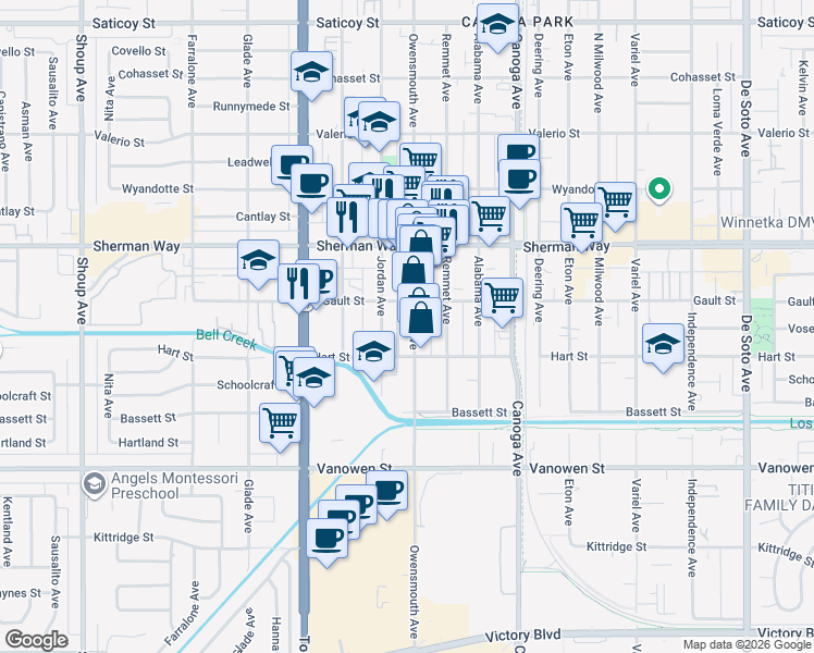 map of restaurants, bars, coffee shops, grocery stores, and more near 7041 Owensmouth Avenue in Los Angeles
