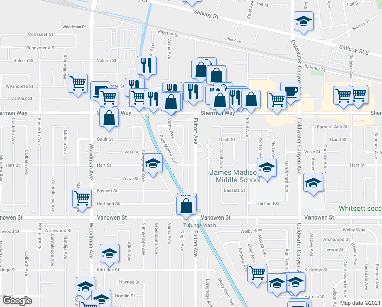 map of restaurants, bars, coffee shops, grocery stores, and more near 7028 Nagle Avenue in Los Angeles