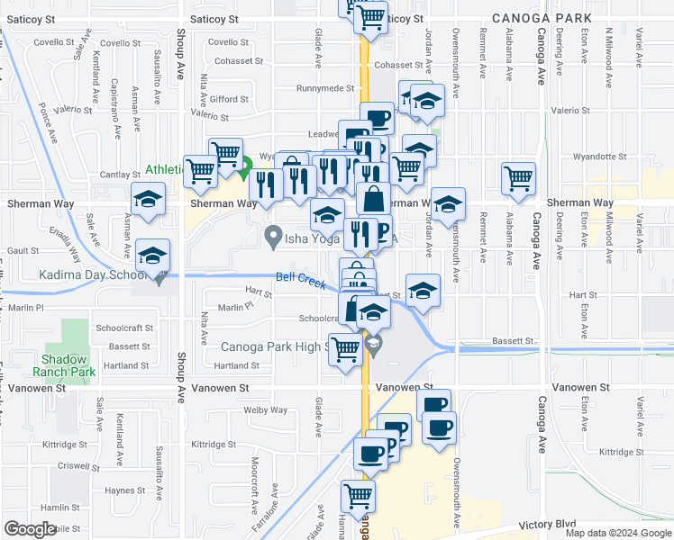 map of restaurants, bars, coffee shops, grocery stores, and more near 7042 Glade Avenue in Los Angeles