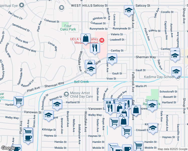 map of restaurants, bars, coffee shops, grocery stores, and more near 23130 Sherman Way in Los Angeles