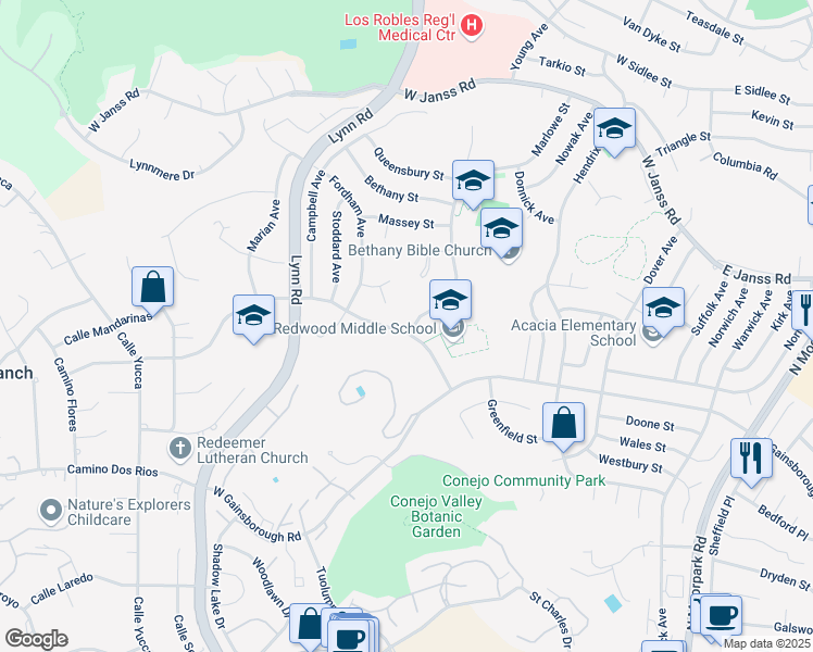 map of restaurants, bars, coffee shops, grocery stores, and more near 1419 Oberlin Avenue in Thousand Oaks