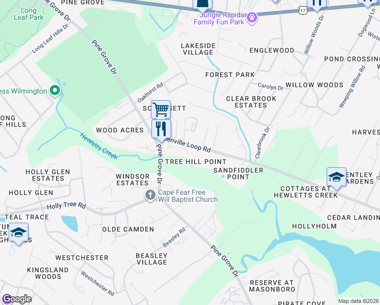 map of restaurants, bars, coffee shops, grocery stores, and more near 5220 Greenville Loop Road in Wilmington